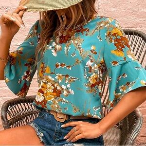 CLEARANCE Floral Print Ruffle Half Sleeve Blouse
